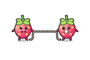 cute strawberry character is playing tug of war game vector