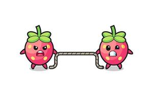 cute strawberry character is playing tug of war game vector