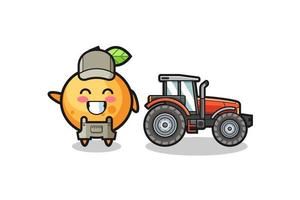 the orange fruit farmer mascot standing beside a tractor vector