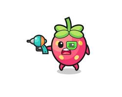 cute strawberry holding a future gun vector