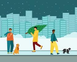 people with pets walk outside in winter vector