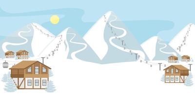 Winter snowy ski resort with chalets and cable cars. Blank space for text vector