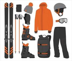 Ski equipment kit men clothes. Extreme winter sport. Set skis. vacation, activity or travel sport mountain cold recreation. vector