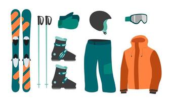Ilustración de vector de ropa de equipo de esquí de niño. deporte de invierno extremo. poner esquís. vacaciones, actividad o viaje deporte montaña fría recreación.