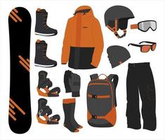 Snowboard equipment. clothes, shoes and accessories of a snowboarder. extreme sport. Winter activity flat icons. Line art collection of stock vector clipart.