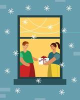 Girls in the window give gifts vector