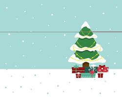 Fondo de nieve con árbol de Navidad y regalos. espacio en blanco para texto vector