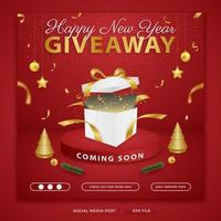 New year giveaway square banner template with podium on red background vector