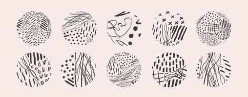 Vector hand drawn set with round isolated abstract black patterns or backgrounds. Various doodle shapes for highlight covers, posters, social media Icons templates.