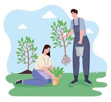 couple planting characters vector