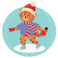 Cute tiger is skating in hat and scarf. vector