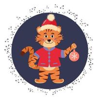 Cute tiger in santa hat and a shirt is holding christmas ball. vector