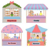 conjunto de mostradores de puesto en una feria de venta de caramelos variados, panes de jengibre, helados, plantas y flores con vendedores. vector