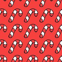 Seamless pattern with christmas caramel cane. Doodle vector illustration with caramel cane icons on red background. Vintage caramel cane, sweet elements background for your project.