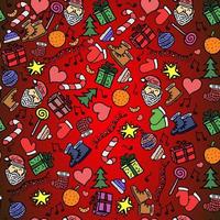 Seamless red pattern with santa, christmas tree, gift boxes, hearts, candy, orange and hat. New year background vector