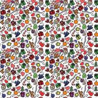 Seamless new year pattern. Vector pattern with doodle new year and christmas icons.Colored illustration with Santa, gift box, christmas tree, sweets, hat, orange, stars isolated on white background