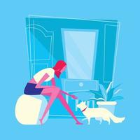 chica pelirroja con su gato blanco vector