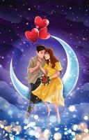 Valentines Day Concept with Couple Sitting and Hugging by The Moon vector