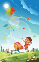 Kids Playing Kites on Green Meadow Concept vector