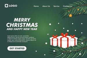 merry christmas and happy new year landing page design template with pine and gift box vector