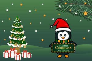 merry christmas and happy new year greeting, banner template with penguin vector