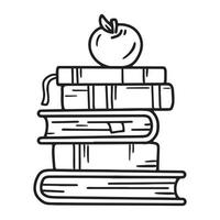 Linear vector icon of a stack of school books with an apple on top in a doodle style