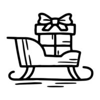 Navidad año nuevo trineo de santa claus con caja de regalo, icono de vector lineal en estilo doodle