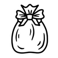 Christmas bag with gifts and a bow, linear vector icon in doodle style