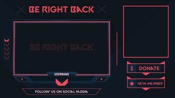 Stream be right back tema naranja y negro con panel y alertas vector