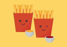 Ilustración de papas fritas empaquetadas con tres tipos de salsa con diferentes sabores vector