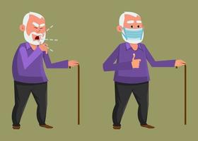 old man coughing and wearing protective face mask. old flat style character design for your design, motion, or animation. vector