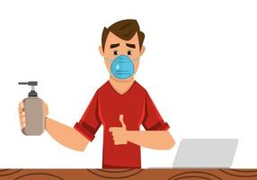 young boy in medical and disinfectant bottle to prevent from coronavirus. Flat style character design for your design, motion or animation. vector