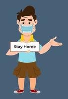 cute boy wearing mask and advice for stay home. coronavirus prevent advice vector