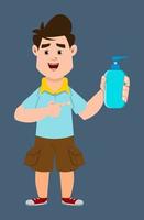 cute boy wearing face mask and showing alcohol gel bottle. covid-19 or coronavirus concept illustration vector