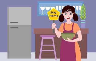 Girl showing home placard, stay home stay safe concept vector