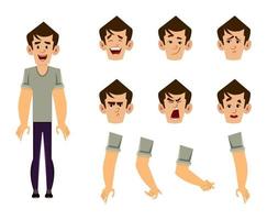 conjunto de personajes de dibujos animados de hombre casual para su animación, diseño o movimiento con diferentes emociones faciales y manos vector