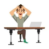 casual man squeezing head with hands on his computer desk vector