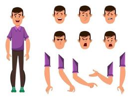 casual boy cartoon character set for your animation, design or motion with different facial emotions and hands vector