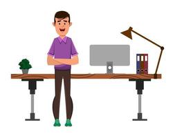 casual boy cartoon character stands near his table or workplace vector