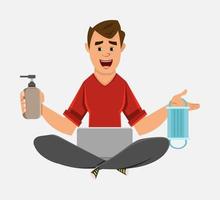 young boy work from home and showing alcohol gel bottle and mask. Flat style character design for your design, motion or animation. vector