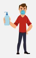 young boy wear face mask and show hand sanitizer bottle. Flat style character design for your design, motion or animation. vector