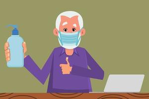 old man in medical and disinfectant bottle to prevent from coronavirus. old flat style character design for your design, motion, or animation. vector