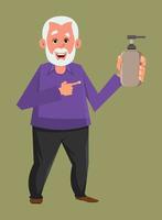 old man showing alcohol gel bottle. covid-19 or coronavirus concept illustration. old flat style character design for your design, motion, or animation. vector