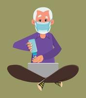 old man work from home and washing hand with hand sanitizer. old flat style character design for your design, motion, or animation. vector