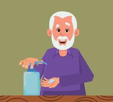 old man sanitizing hands with alcohol gel. old flat style character design for your design, motion, or animation. vector