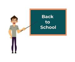 Back to school concept illustration. Teacher standing in front of blackboard in classroom. Teacher with pointer, teacher showing on board. vector