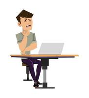 Depressed man sitting on chair at a computer desk vector