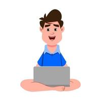 cute boy sitting on the floor and working in a laptop vector
