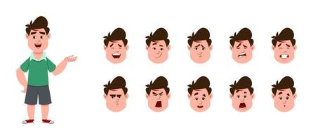 Cute boy with different face expressions. Cute kid flat style character for design, motion or design. vector