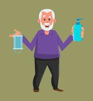 old man holding and showing sanitizer gel bottle and face mask. old flat style character design for your design, motion, or animation. vector